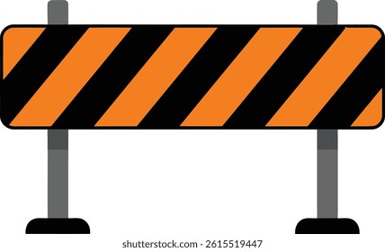 A flat design road barricade with alternating orange and black diagonal stripes mounted on two gray metal legs, symbolizing caution or construction in a simple vector style.