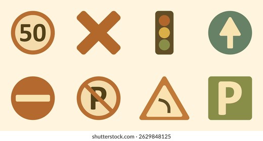 Iconos planos del diseño de la carretera y de la señal de tráfico incluyendo el límite de velocidad, ningún aparcamiento, y los símbolos de la parada