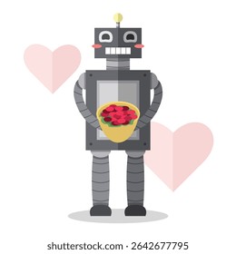 flat design of robot holding bouquet of flowers. robot in love and shy while carrying flowers. cute shy robot. robot icon with white background.