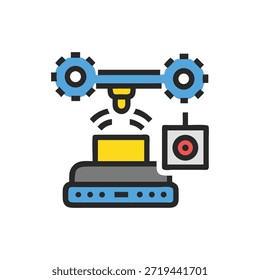 Flat design robotic arm automates task with sensor, yellow component, and monitor. Streamlined look for innovative tech projects.