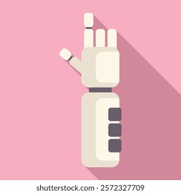 Flat design of a robotic hand making a peace sign, with a minimalist pink backdrop