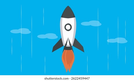 Flat design rocket launch illustration with flames and clouds, symbolizing startup success, ambition, and progress in a clean blue sky background.