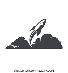 Flat Design Rocket Launch Vector. Spaceship Gliding Icon.