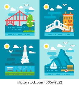 Flat design romantic landmark set illustration vector
