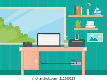 Flat Design Room Interior Workspace for Creative Work