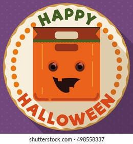 Flat design with round button and a happy smiling Halloween pumpkin basket with long shadow effect.