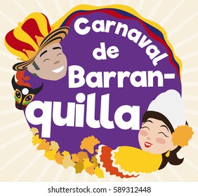 Flat design with round button and smiling Momo King, Colombian flag and decorated bull head and beautiful Queen with flower petals celebrating Barranquilla's Carnival (written in Spanish).