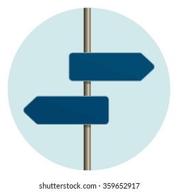 Flat design round icon of directional arrow road sign. Metaphor for a flexible customer service. Vector illustration. 