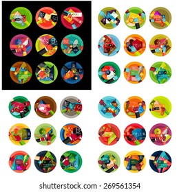 Etiquetas redondas de diseño plano, infografías de opciones. Conjunto de vectores