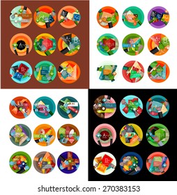 Etiquetas redondas de diseño plano, infografías de opciones. Conjunto de vectores