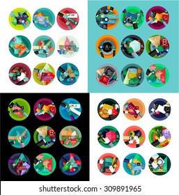 Etiquetas redondas de diseño plano, infografías de opciones. Conjunto de vectores