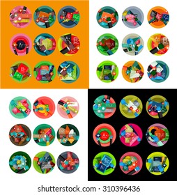 Etiquetas redondas de diseño plano, infografías de opciones. Conjunto de vectores