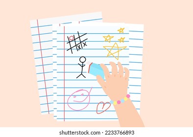 Flat design of rubber eraser vector. Flat design of eraser vector, kid is using eraser on paper sheet vector, abstract art on paper sheet vector.