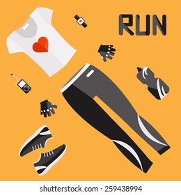 flat design run fitness elements vector set woman of details equipments graphic running