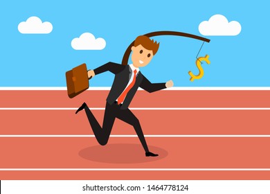Flat design of running businessman on racetrack and chasing dollar out of reach on blue background