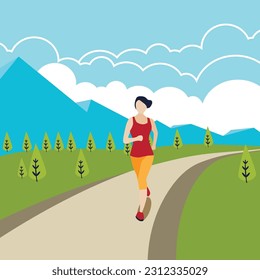 flat design running young girls in the forest with mountain background