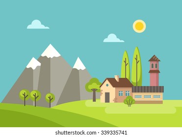 Flat design rural landscape illustration with a country house, arable land,  un, hills and mountains.