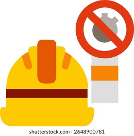 Flat design of safety helmet with prohibition sign, symbolizing mandatory PPE and restricted actions in workplace settings.