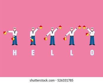 Flat design sailors signaling the word HELLO with flag semaphore system