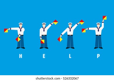 Flat design sailors waving signal flags, performing word help with flag semaphore system