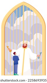 Flat design of Saint Peter meeting man at the gates of Heaven.