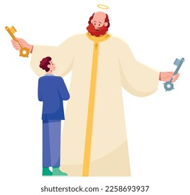 Flat design of Saint Peter meeting man at the gates of Heaven.