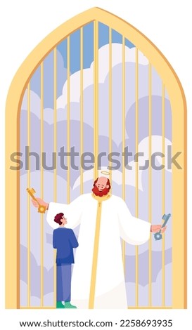 Flat design of Saint Peter meeting man at the gates of Heaven.