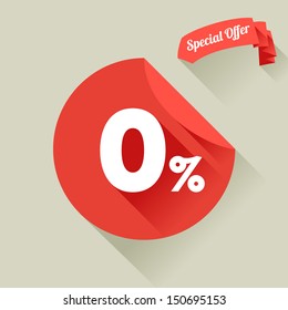 Flat design sale discount 0% button with long shadow, 8 EPS