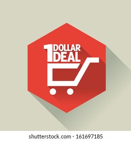 Flat design sale discount 1 dollar deal hexagon button with long shadow, 10 EPS