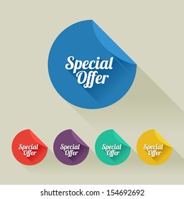 Flat design sale discount Special offer button with long shadow, 8 EPS