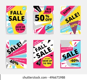 Flat design sale set website banner template. Bright colorful vector illustrations for social media, posters, email, print, ads designs, promotional material. Yellow Pink Blue black and white