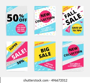 Flat design sale set website banner template. Bright colorful vector illustrations for social media, posters, email, print, ads designs, promotional material. Yellow Pink Blue black and white