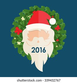 Flat design of Santa Claus and christmas wreath. Vector illustration