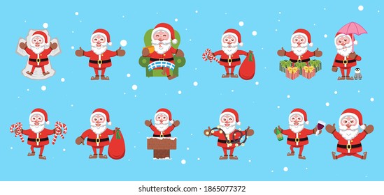 flat design of santa claus in various poses and expressions