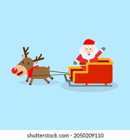 flat design Santa Claus,sleigh and reindeer christmas with blue background. isolate,Vector cartoon background.christmas concept.