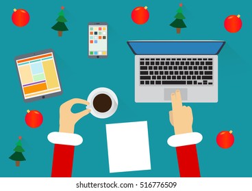 Flat design Santa with laptop, tablet, phone and cup of coffee. Top view