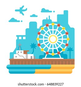 Flat Design Santa Monica Pier Illustration Vector