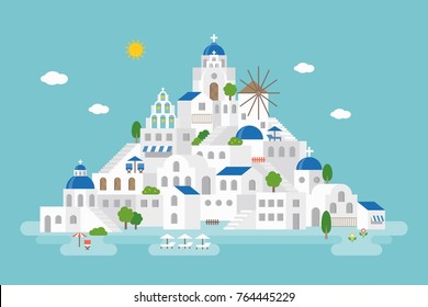 Flat design of Santorini cityscape view included landmark church, wind mill, building, beach umbrella, beach chair