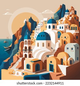 Flat design santorini Greece  Building Architecture view illustration vector Travel Vacation tourism Icon landmark