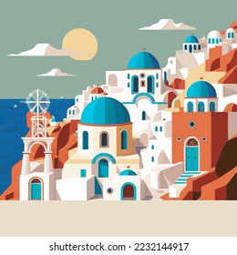 Diseño plano santorini Grecia Construcción Arquitectura vista ilustración vector Viajes turismo vacaciones Icono