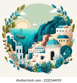 Flat design santorini Greece  Building Architecture view illustration vector Travel Vacation tourism Icon landmark