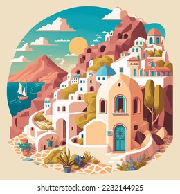 Diseño plano santorini Grecia Construcción Arquitectura vista ilustración vector Viajes turismo vacaciones Icono