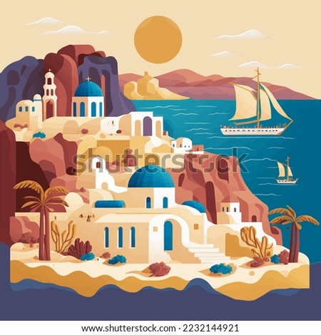 Flat design santorini Greece  Building Architecture view illustration vector Travel Vacation tourism Icon landmark