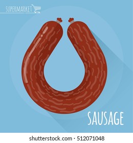 Flat design sausage vector icon on light blue background with long shadow