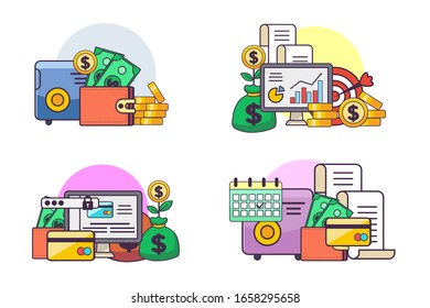 Flaches Design sparende Geld-Konzept Set. Vektorillustration, EPS10