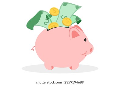 El diseño plano de ahorrar dinero en el banco piggy, ahorrar salarios en el banco piggy, el diseño plano de la gestión financiera, el vector de gestión de dinero, el banco piggy está lleno de dinero, monedas y vectores de billetes.