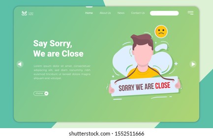 Flat Design For Say Sorry We Are Close On Landing Page, Flat Illustration To Giving Information That We Are Close