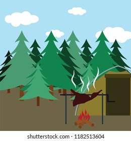 Flat design scene of hunting in fir forest. Vector illustration.