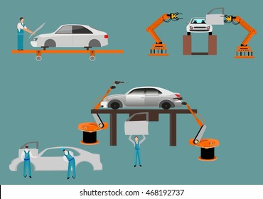  Flat design scenes presents workers in autoplant vector illustration.
