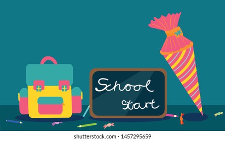 Flat design School bag vector illustration with blackboard saying: school start and pink school cone decorated with hearts, messy pencils and candies are spread over the table on blue-green background